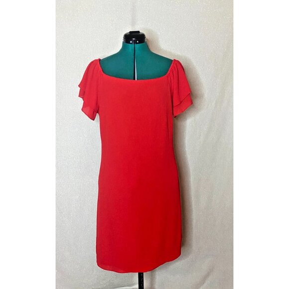 Betsey Johnson red dress with gold zipper and flutter sleeves. Size 12 - Picture 1 of 5